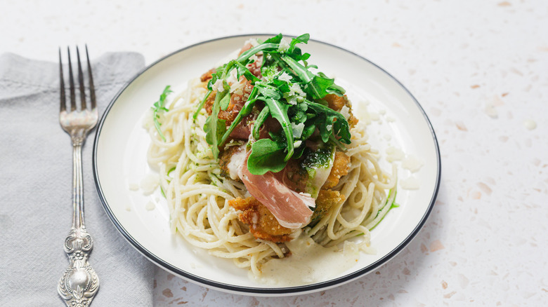Chicken dish on white plate