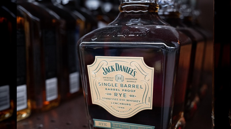Close-up of the label on the bottle of Jack Daniel's Single Barrel Barrel Proof Rye