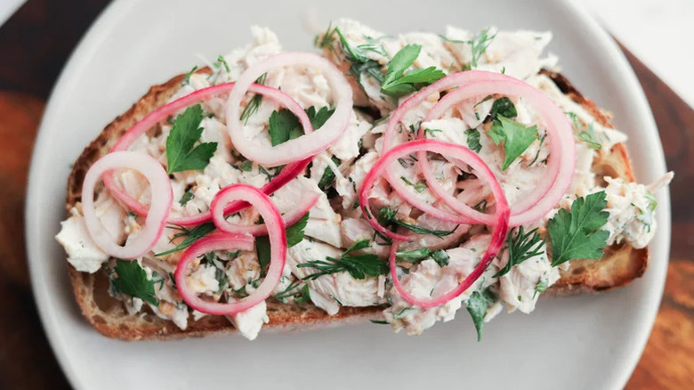 Herbified Shredded Chicken Salad Sandwich on white plate