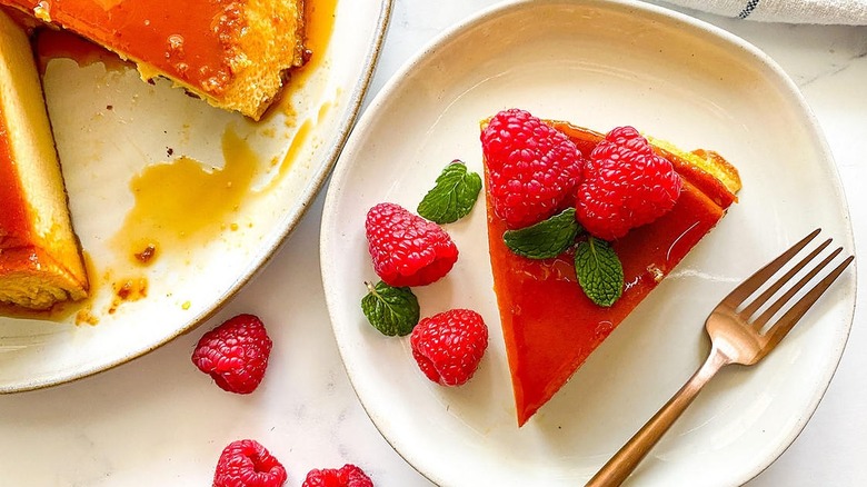 slice of flan with raspberries