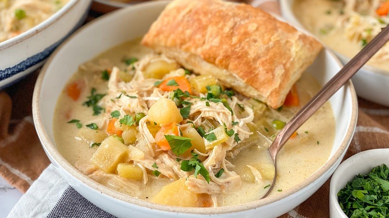 soup in bowl with pastry puff