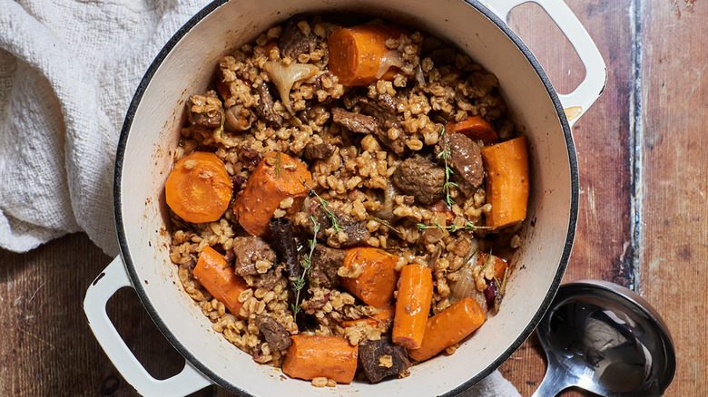 Top-down view of cinnamon apple cider beef stew 