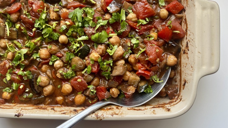 vegetable casserole in white pan