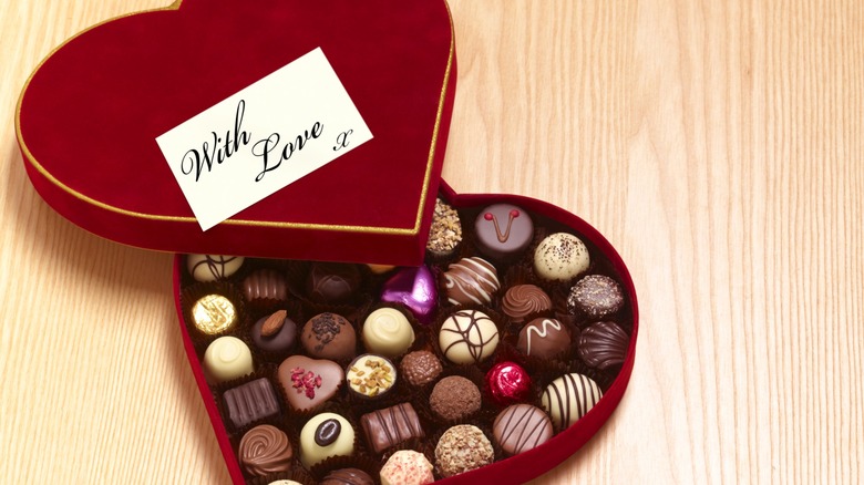 Overview of a heart-shaped box of chocolates