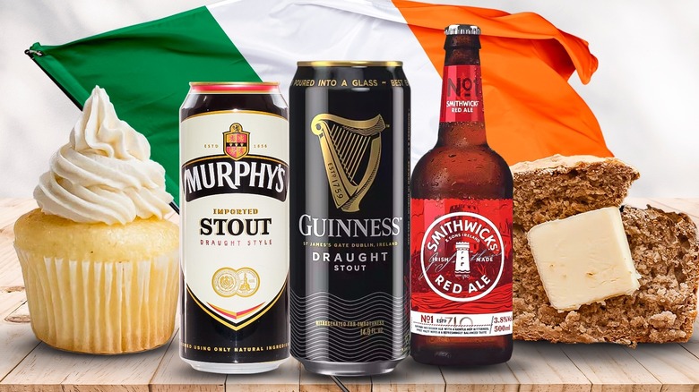 Three Irish beers, a cupcake, and a slice of bread with an Irish flag in the background
