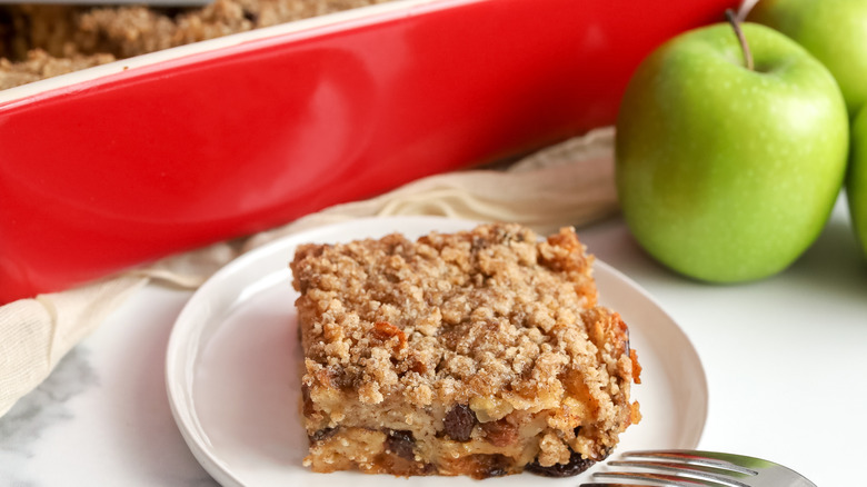 Slice of apple matzo kugel on a plate