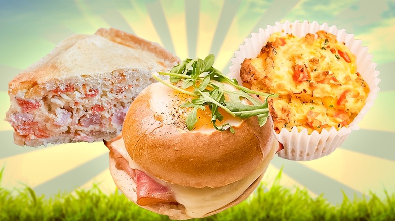 Three Easter brunch dishes above grass, against a pastel-color-filtered sunny sky