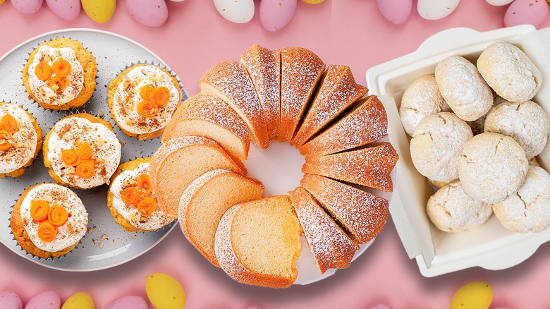 Three Easter desserts surrounded by colorful Easter eggs on a pink background