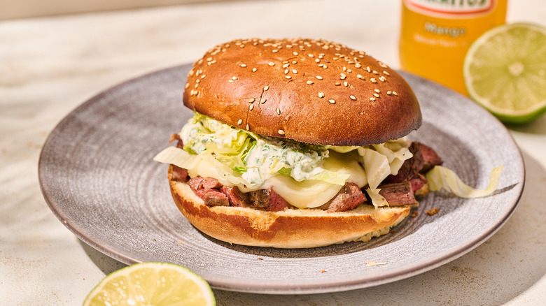 Steak and cheese torta on table