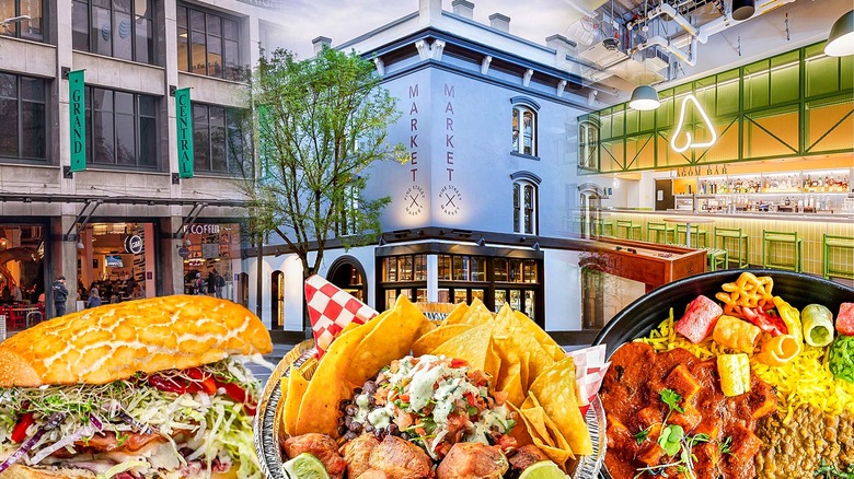 Dishes lined up in front of American food halls