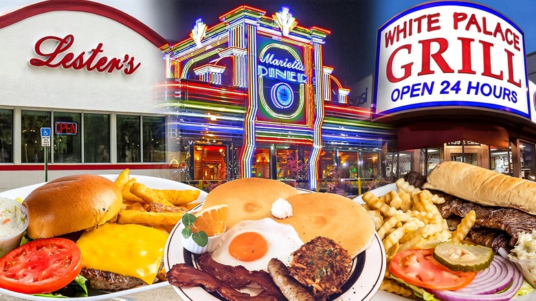 Composite image with three diner exteriors and three platters with burgers, breakfast dishes, and sandwiches