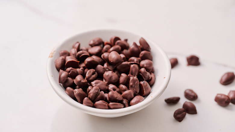 chocolate covered espresso beans in a bowl