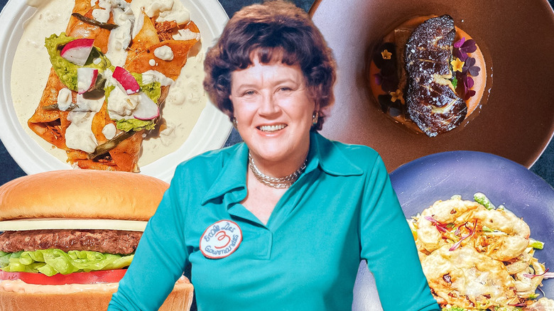 Composite image of Julia Child and some of her favorite dishes