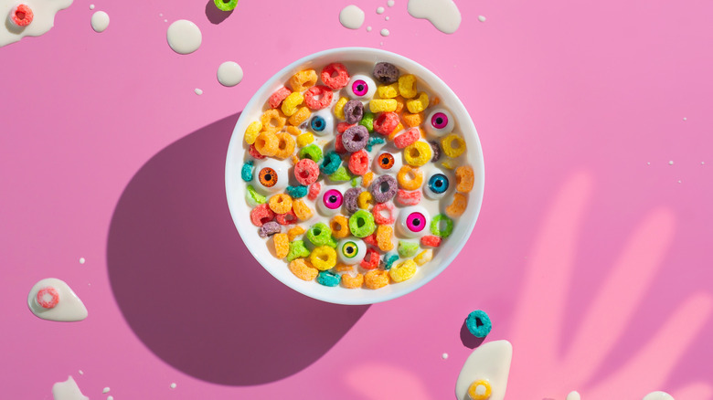 Spooky bowl of cereal with eyeballs