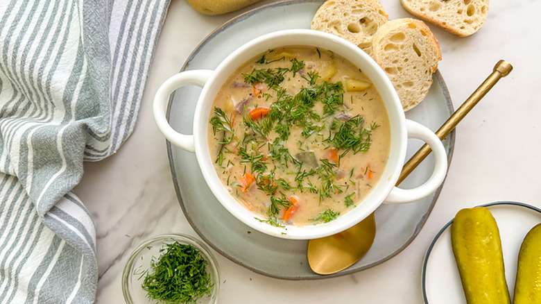 Bowl of vegetable dill pickle soup, topped with fresh dill