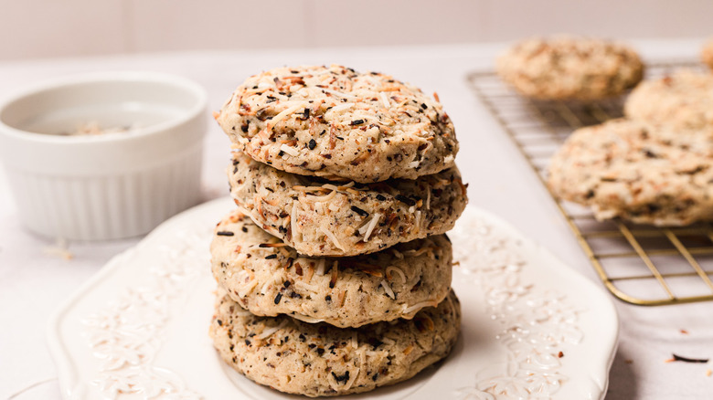 Stack of coconut cookies with more in background