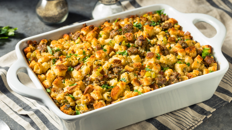 stuffing in white baking dish
