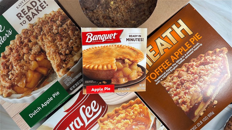 Top-down shot of 5 apple pie boxes