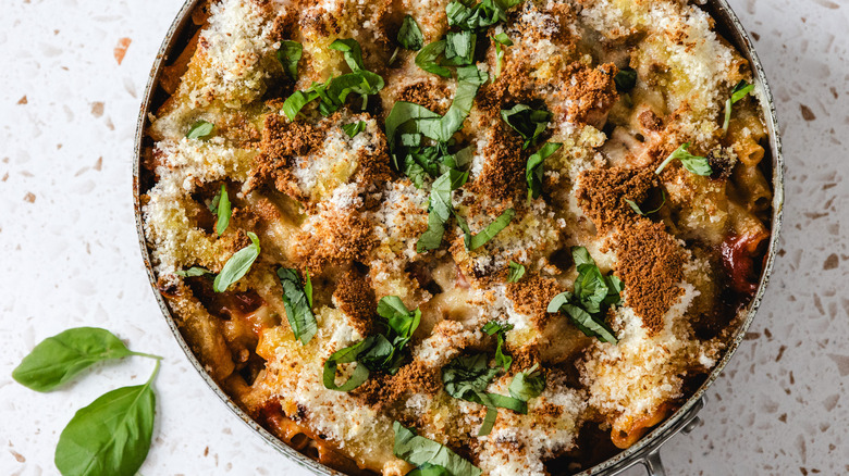 Chicken Parmesan Baked Ziti with fresh basil