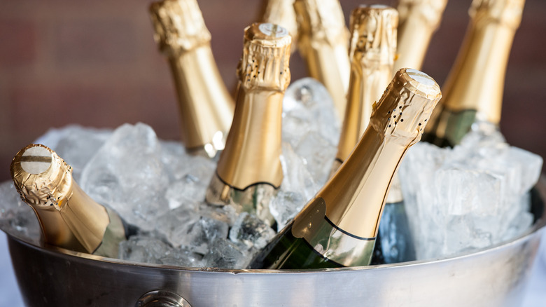 sparkling wine bottles in bucket