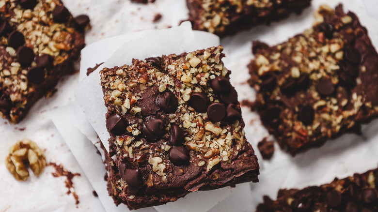 Overhead view of stacks of brownies