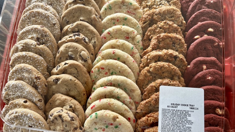 Costco holiday cookie tray with various cookies in rows