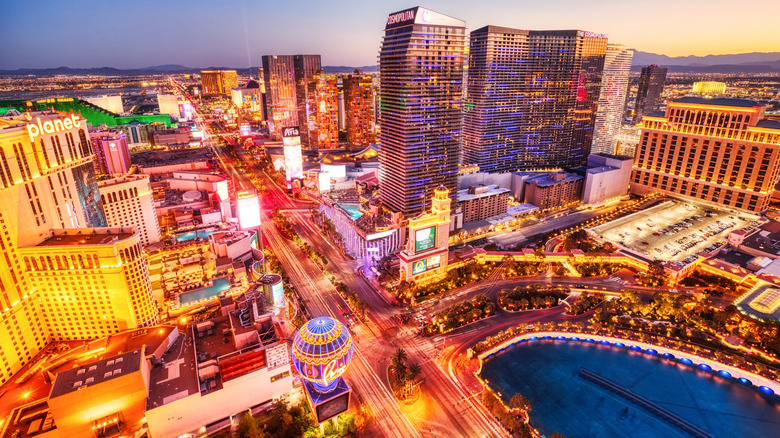 Aerial view of Las Vegas strip at sunset