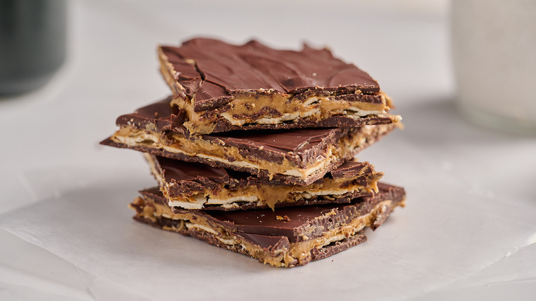 peanut butter pretzel bark on a table