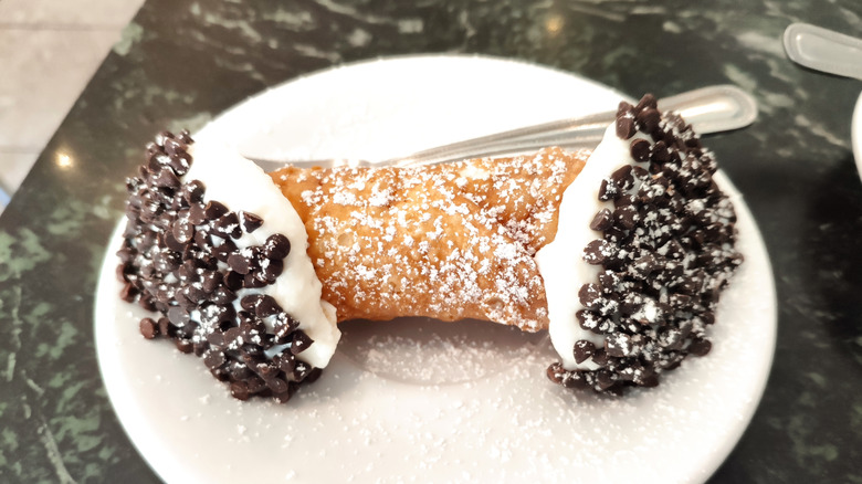 A cannoli with chocolate chips on a plate dusting in powdered sugar