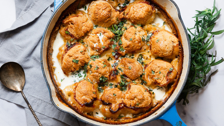 Tarragon lobster pot pie in blue pan