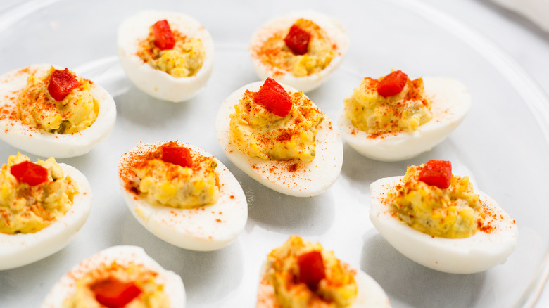 colorful deviled eggs on plate