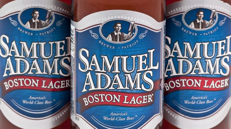 Close-up of three Samuel Adams Boston Lager bottles