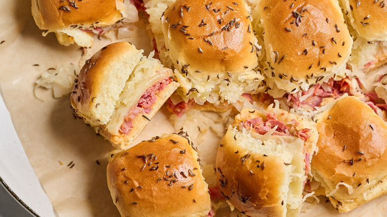 sheet pan reuben sliders on a platter