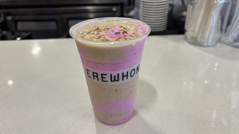 The Birthday Wish by Barbie Smoothie from Erewhon on a counter