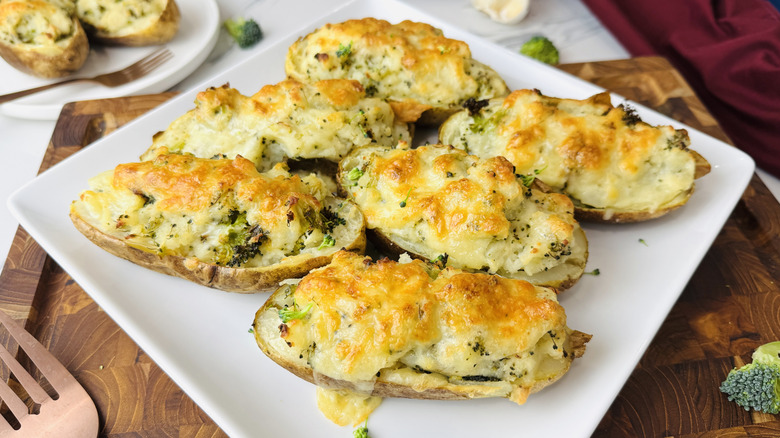 Broccoli cheddar twice baked potatoes on plate