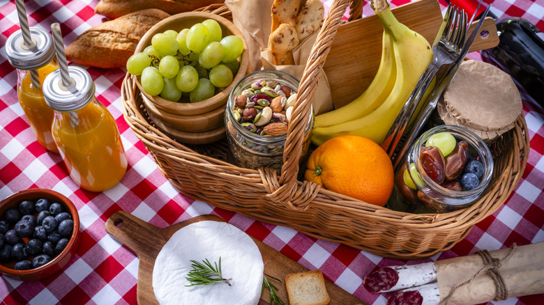 closeup picnic basket with various foods