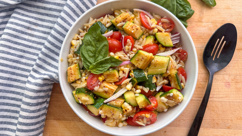 Orzo pasta salad in bowl