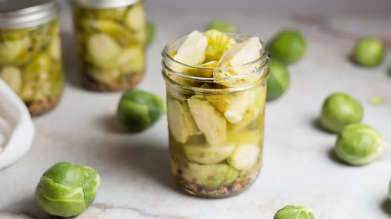 Crunchy Pickled Brussel Sprouts in glass jar