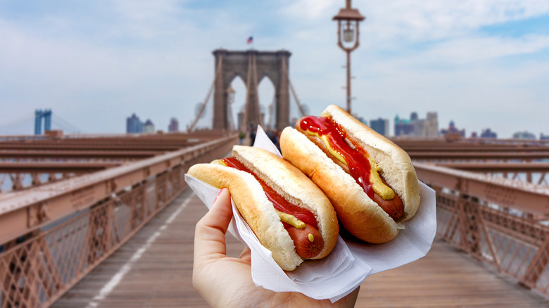Person holding two hot dogs on bridge in New York City