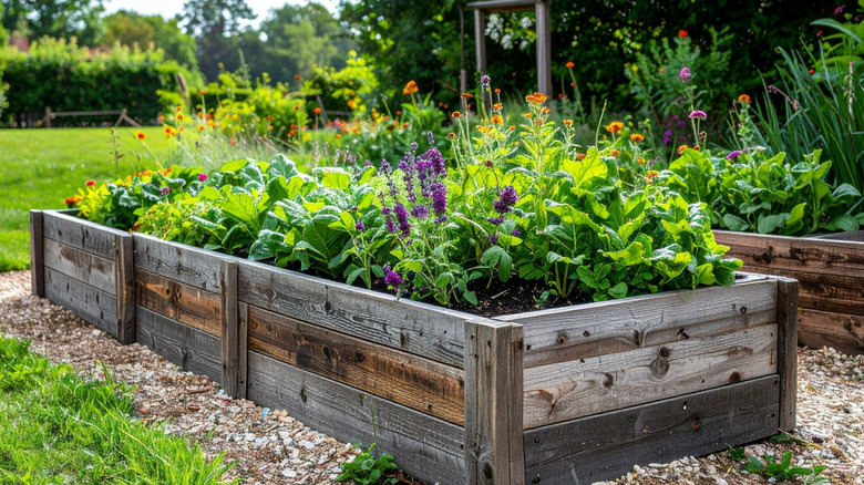 A raised garden bed full of leafy greens