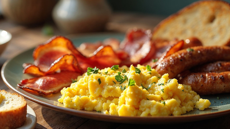 breakfast plate with sausage scrambled eggs and bacon