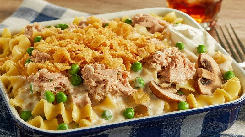 Close up of Tuna Noodle Casserole in blue dish