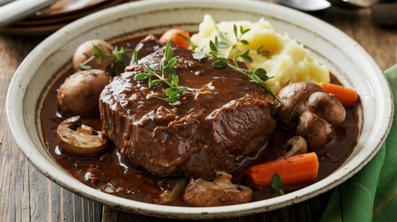 A white bowl of rich Irish stew with beef, potatoes, mushrooms, and fresh herbs
