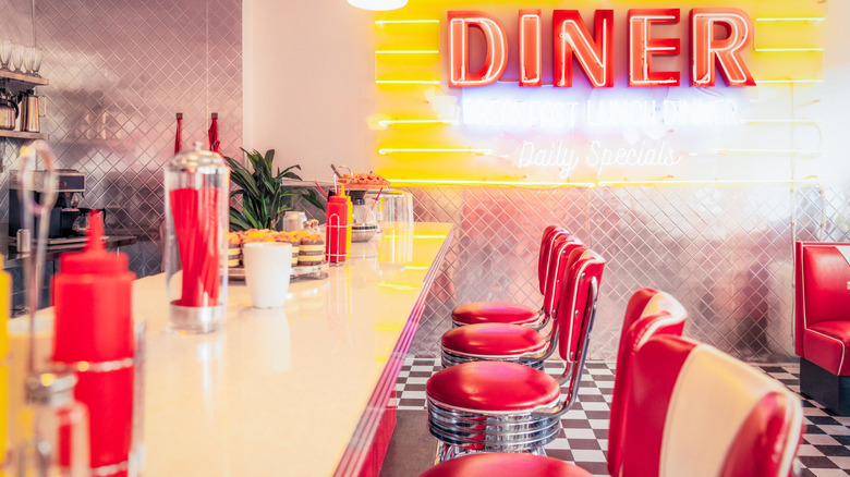Typical diner counter with bright yellow and red colors