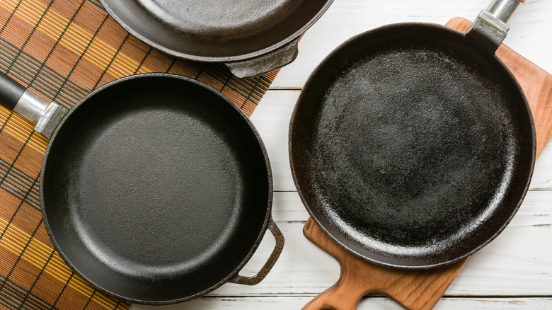 Cast iron frying pans displayed