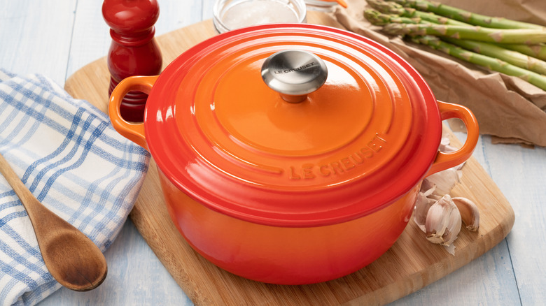 red Le Creuset pan