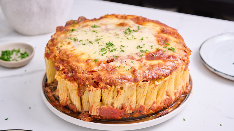 pasta bake topped with parsley