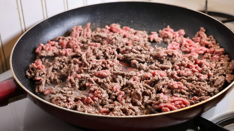 skillet of ground beef cooking