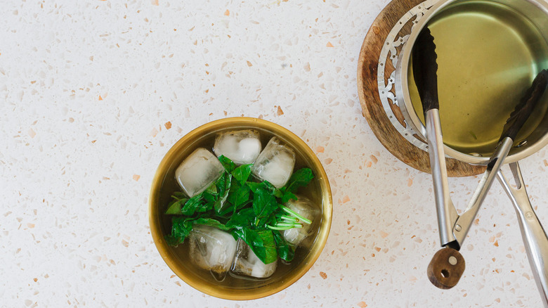 Blanched basil in bowl of ice