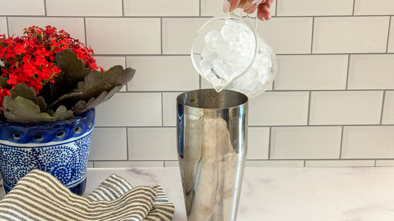 hand adding ice to shaker